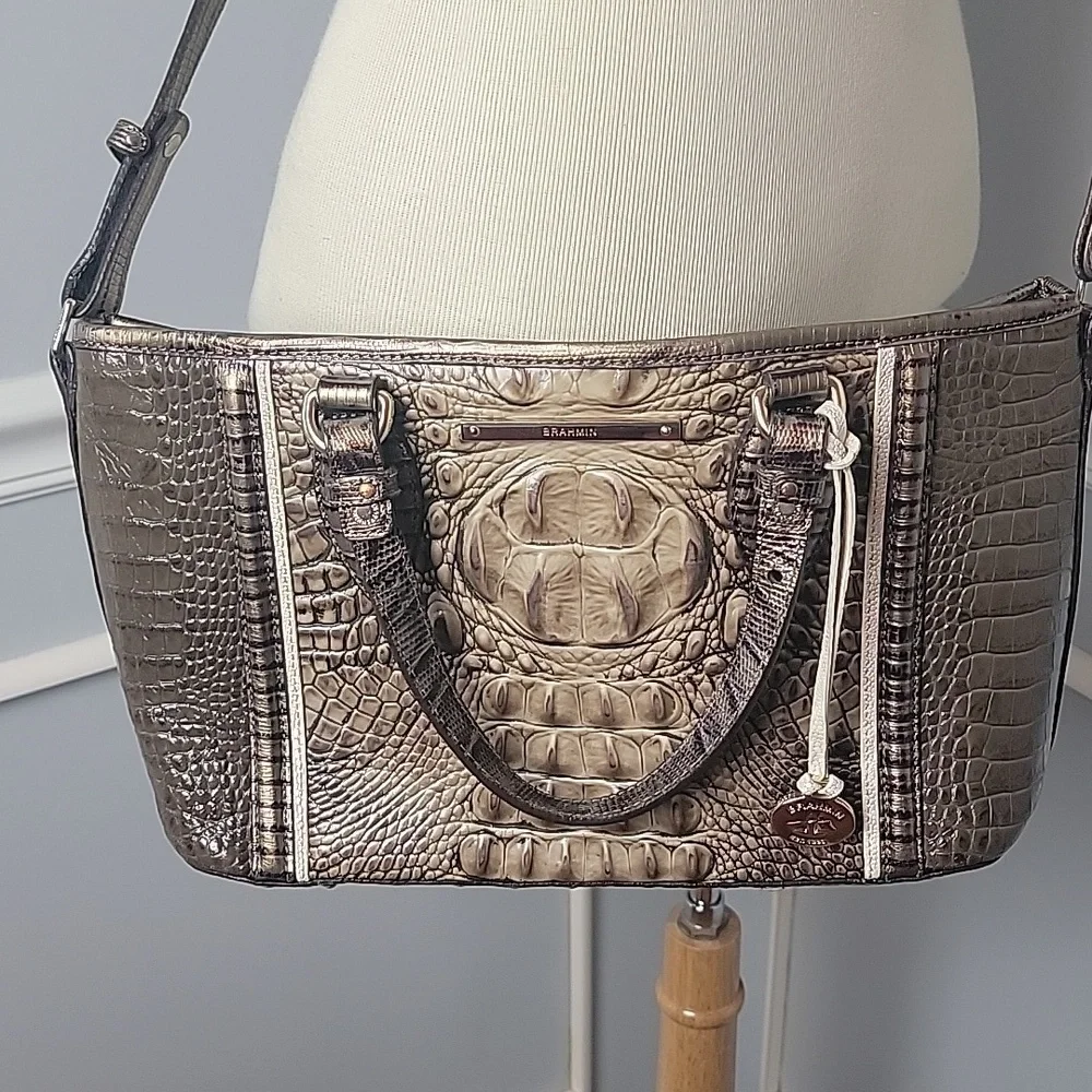 BRAHMIN Mini Asher Elmwood Padua Croc Embossed Convertible‎ Tote Satchel Bag